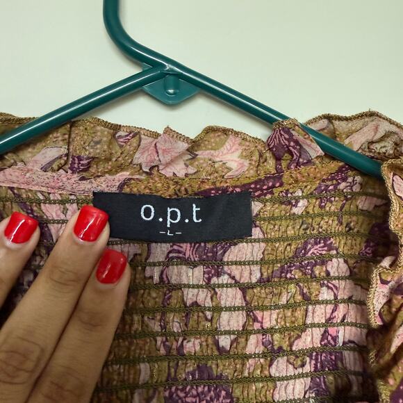 O.P.T One Pretty Time Womens Top L Smocked Peasant Praire Peasant Boho Cottage - Picture 4 of 8